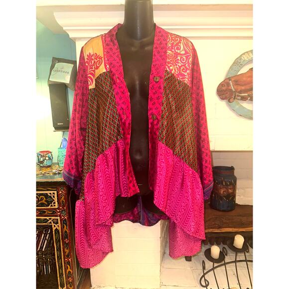 KAOHINANI RECYCLED SILK PATCHWORK JACKET SMOCK SHIRT SUSTAINABLE ECO - Picture 1 of 4